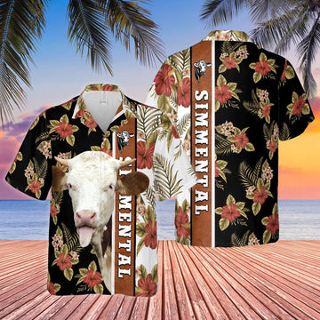 Joycorners Hibiscus Flowers Simmental Cattle Brown All Over Printed 3D Hawaiian Shirt