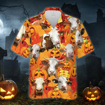 Joycorners Autumn Leaf Simmental Cattle Pumpkin All Printed 3D Hawaiian Shirt