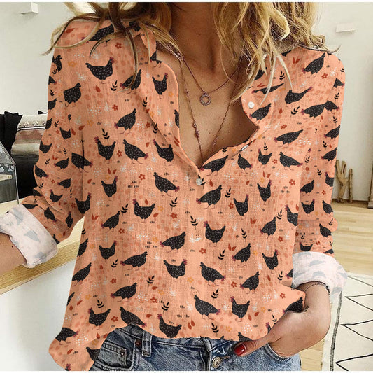 Joycorners Chicken Flower Farm Pattern Casual Shirt