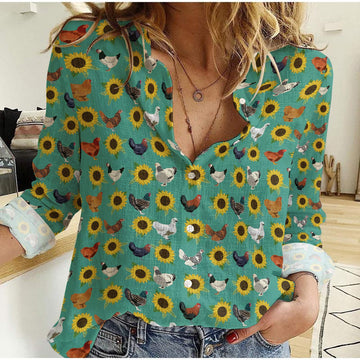 Joycorners Sunflower Chicken Floral Pattern Casual Shirt