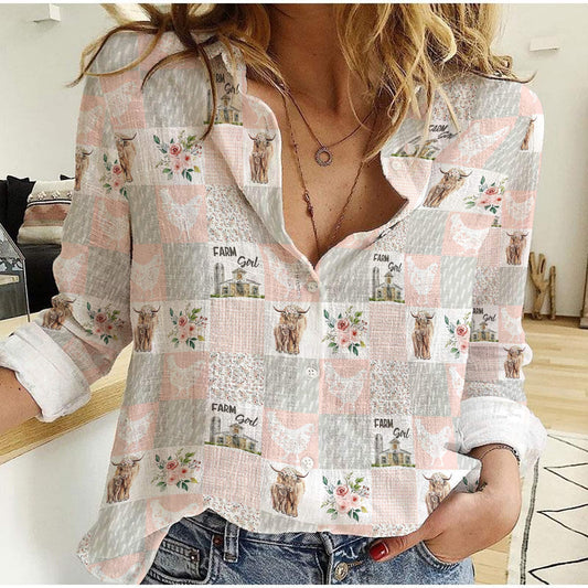 Joycorners Highland Cow Pink Pattern Casual Shirt