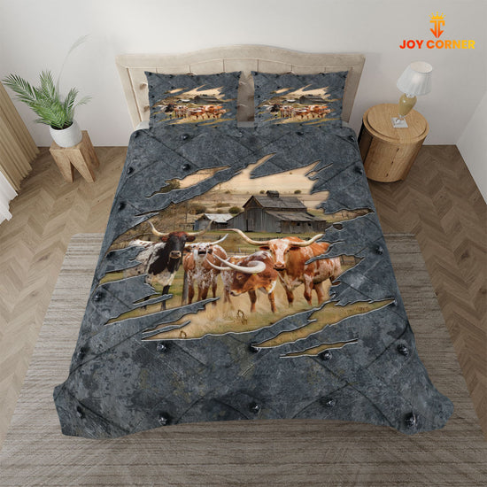 A bedding set with a farm scene featuring longhorn cattle, displayed on a bed in a bedroom setting.
