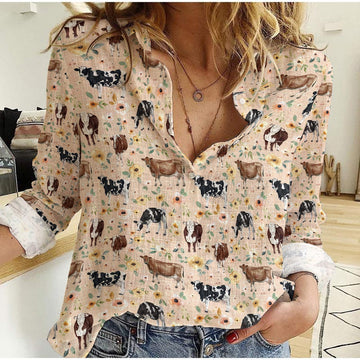 Joycorner Cows And Sunrise Floral Casual Shirt