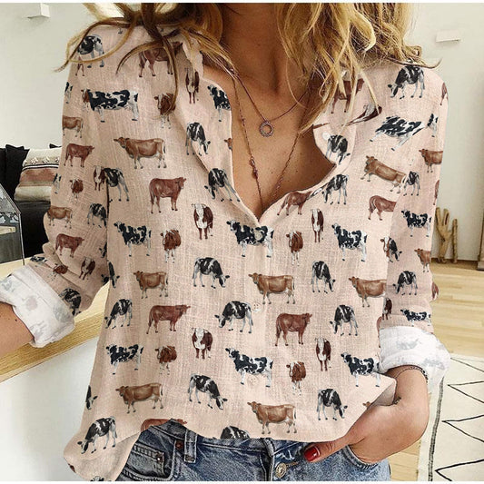 Joycorner Cute Cows On Blush Pink With Dot Casual Shirt