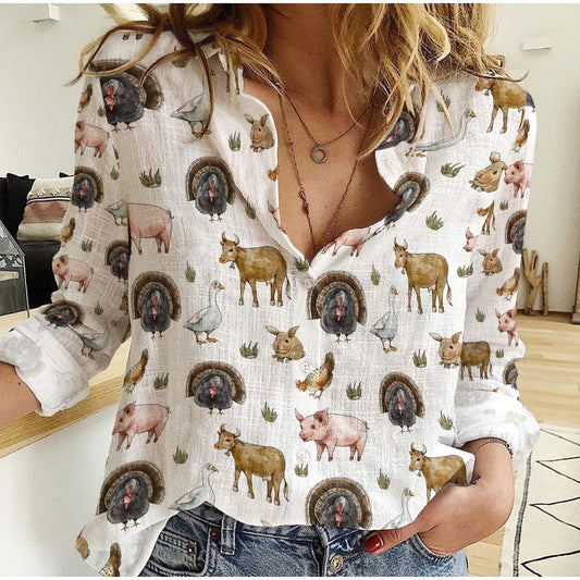 Joycorner Cute Farm House Animals On White Casual Shirt