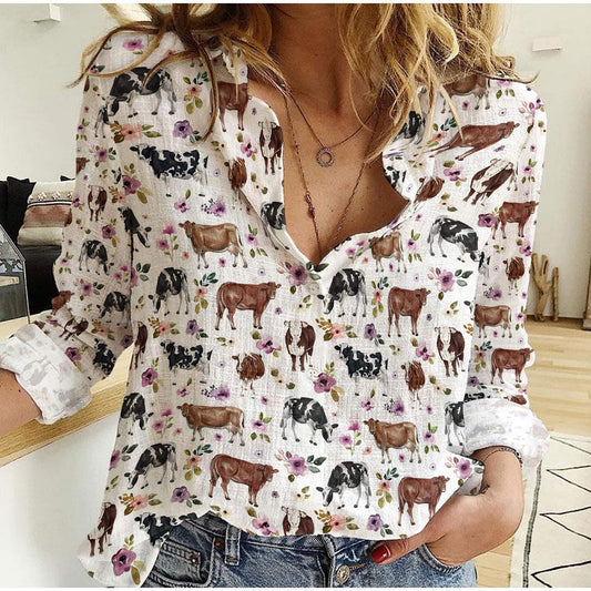 Joycorner Boho Farmhouse Cows Casual Shirt