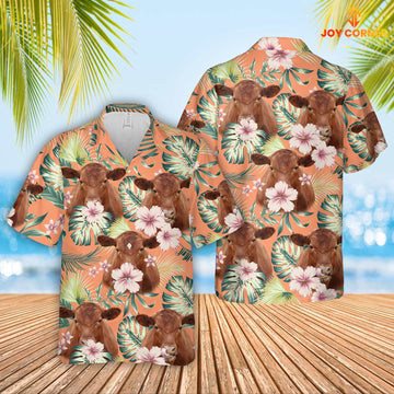 Joycorners Red Angus Summer Happiness Floral Farm 3D Hawaiian Shirt