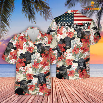 Joycorners Black Angus Hibicus Floral US Flag 3D Hawaiian Shirt