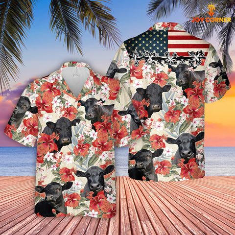 Joycorners Black Angus Hibicus Floral US Flag 3D Hawaiian Shirt