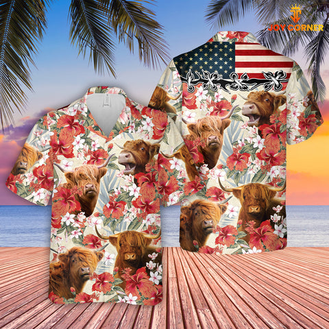 Joycorners Highland Hibicus Floral US Flag 3D Hawaiian Shirt