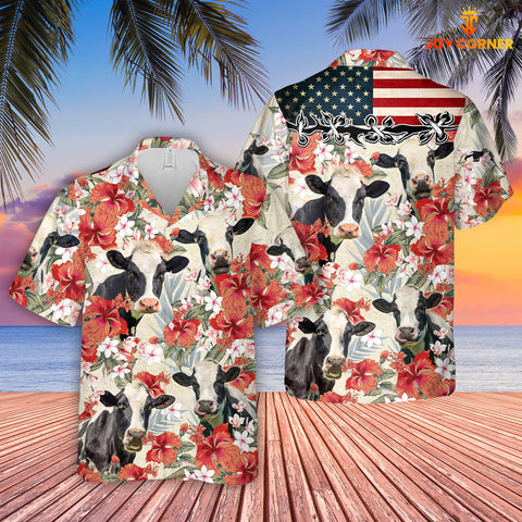 Joycorners Holstein Hibicus Floral US Flag 3D Hawaiian Shirt
