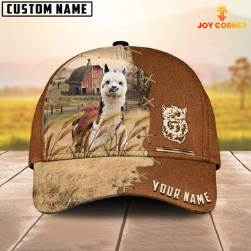 Joycorners Llama Custom Name Brown Leather Pattern Cap