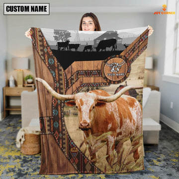 Joycorners Texas Longhorn Custom Name Brocade Pattern Blanket