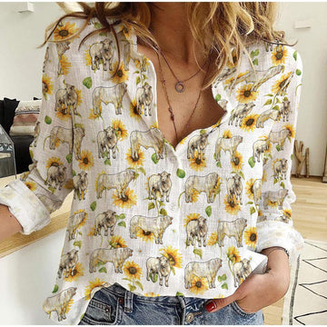 Joycorners Charolais No Horn Sunflowers Pattern Casual Shirt