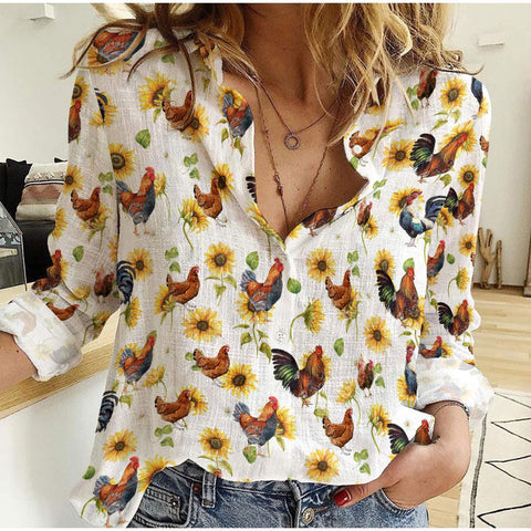 Joycorners Chicken Sunflowers Pattern Casual Shirt