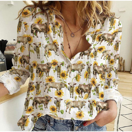 Joycorners Charolais Sunflowers Pattern Casual Shirt