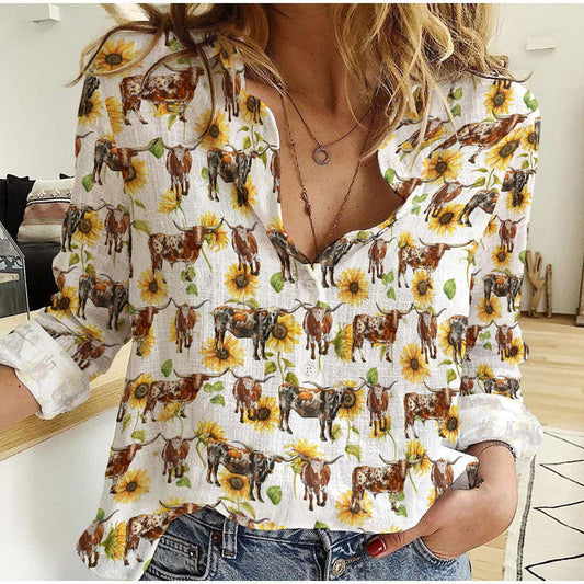 Joycorners Texas Longhorn Sunflowers Pattern Casual Shirt