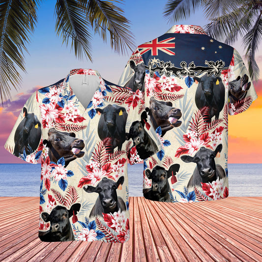 Joycorners Black Angus Cattle Australia Flag Hawaiian Flowers Hawaiian Shirt