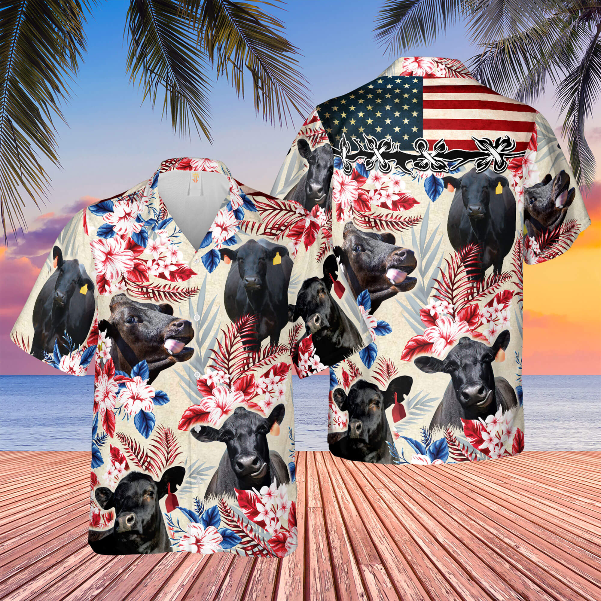 Joycorners Black Angus American Flag Hawaiian Flowers All Over