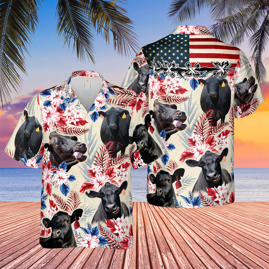 Joycorners Black Angus American Flag Hawaiian Flowers All Over Printed 3D Hawaiian Shirt
