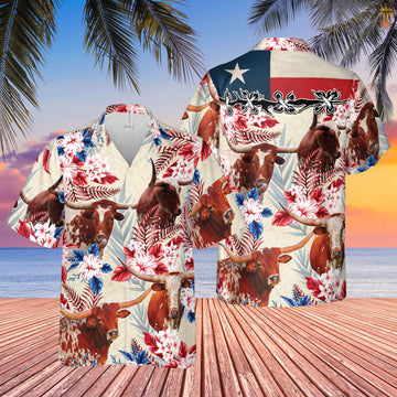 Joycorners Longhorn Cattle Texas Flag Hawaiian Flowers All Over Printed 3D Hawaiian Shirt