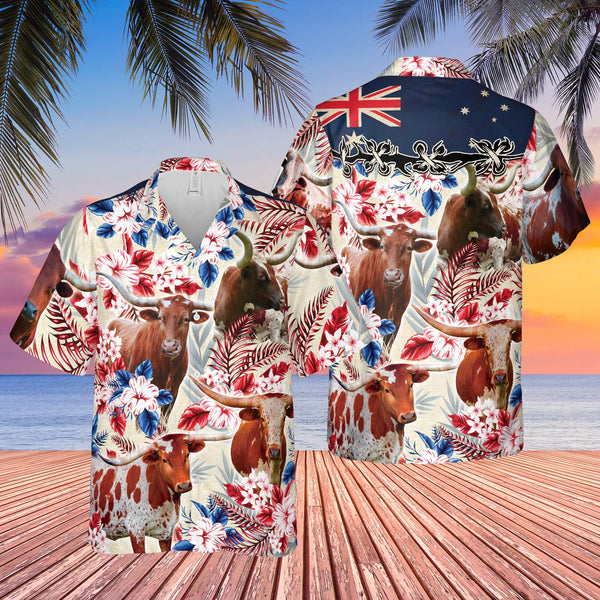 Joycorners Longhorn Cattle Australia Flag Hawaiian Flowers Hawaiian Shirt
