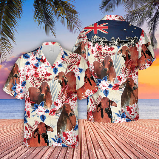 Joycorners Red Brahman Cattle Australia Flag Hawaiian Flowers Hawaiian Shirt