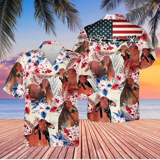 Joycorners Red Brahman Cattle American Flag Hawaiian Flowers All Over Printed 3D Hawaiian Shirt