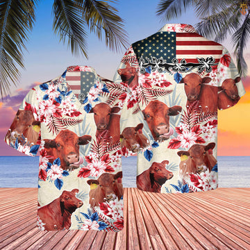 Joycorners Red Angus Cattle American Flag Hawaiian Flowers All Over Printed 3D Hawaiian Shirt