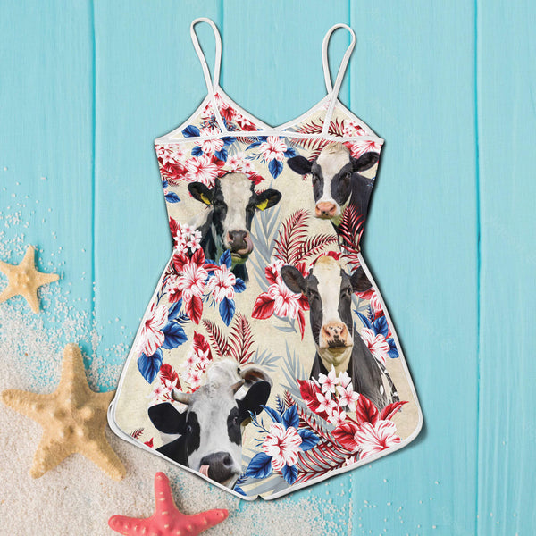 Joycorners Holstein Friesian Cattle Hibiscus Flowers All Over Printed 3D Romper
