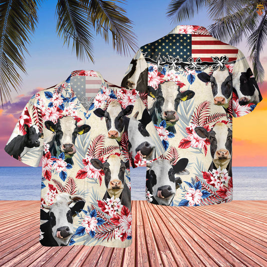Joycorners Holstein Friesian Cattle American Flag Hawaiian Flowers All Over Printed 3D Hawaiian Shirt