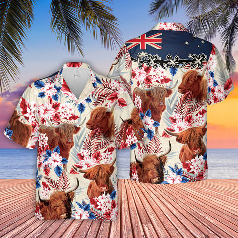 Joycorners Highland Cattle Australia Flag Hawaiian Flowers Hawaiian Shirt