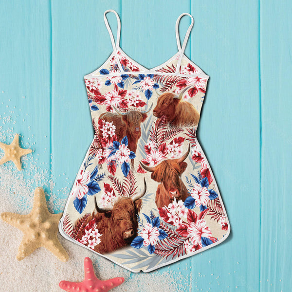Joycorners Highland Cattle Hibiscus Flowers All Over Printed 3D Romper