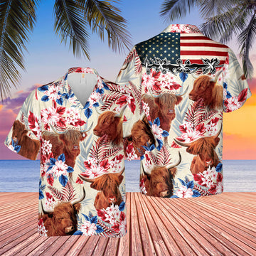 Joycorners Highland Cattle American Flag Hawaiian Flowers All Over Printed 3D Hawaiian Shirt