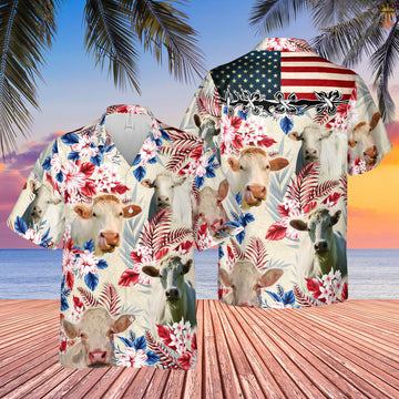 Joycorners Charolais Cattle American Flag Hawaiian Flowers All Over Printed 3D Hawaiian Shirt