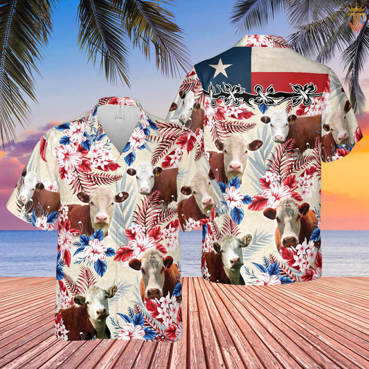 Joycorners Hereford Cattle Texas Flag Hawaiian Flowers All Over Printed 3D Hawaiian Shirt