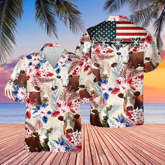 Joycorners Hereford Cattle American Flag Hawaiian Flowers All Over Printed 3D Hawaiian Shirt