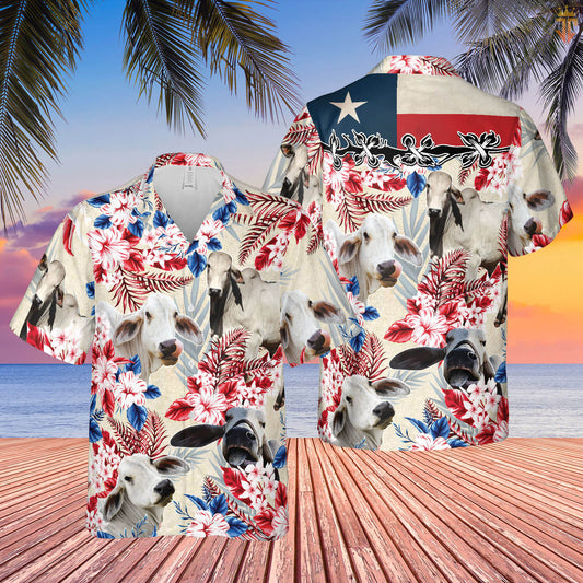 Joycorners Brahman Cattle Texas Flag Hawaiian Flowers All Over Printed 3D Hawaiian Shirt
