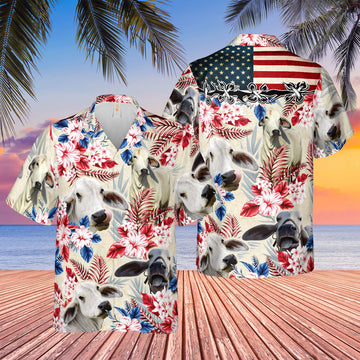 Joycorners Brahman Cattle American Flag Hawaiian Flowers All Over Printed 3D Hawaiian Shirt