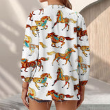 Joycorners Colorful Horse Pattern All Over Printed 3D Casual V Neckline Long Sleeve Blouses