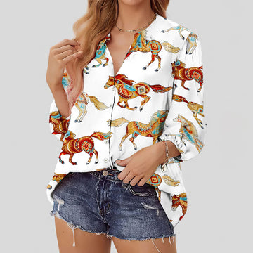 Joycorners Colorful Horse Pattern All Over Printed 3D Casual V Neckline Long Sleeve Blouses