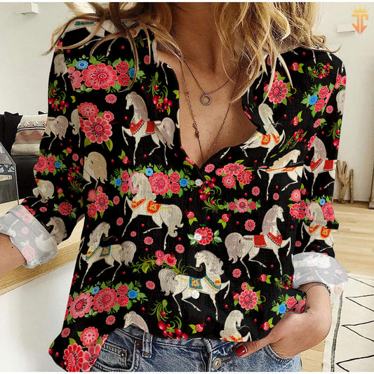 Joycorners Floral Pattern Horses Black All Printed 3D Casual Shirt