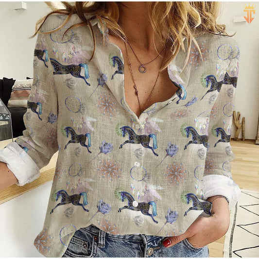 Joycorners Blue Roses And Horses Pattern All Printed 3D Casual Shirt