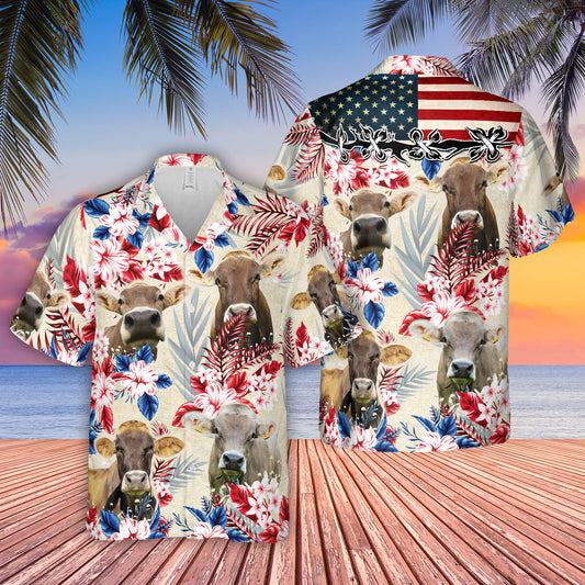 Joycorners Brown Swiss Pattern US FLAG Hawaiian Shirt