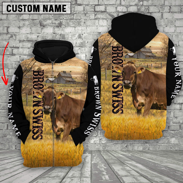 Joycorners Personalized Name Brown Swiss Cattle On The Farm All Over Printed 3D Hoodie
