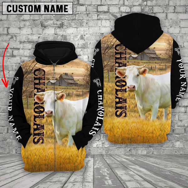 Joycorners Personalized Name Charolais Cattle On The Farm All Over Printed 3D Hoodie