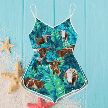 Joycorners Tx-Longhorn Cattle Tropical Leaves All Printed 3D Romper