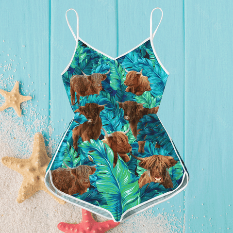 Joycorners Highland Cattle Tropical Leaves All Printed 3D Romper