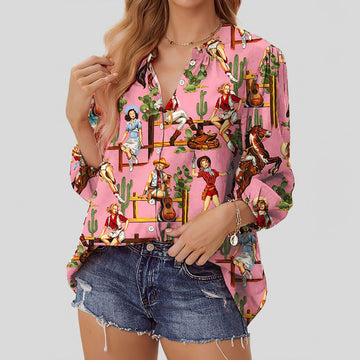 Joycorners Cowgirl Cactus Horse Pink Casual V Neckline Half Sleeve Blouses