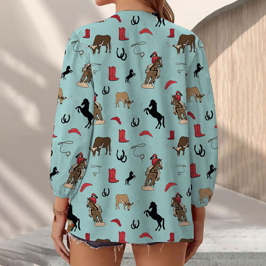 Joycorners Cowgirl Horse Blue Casual V Neckline Half Sleeve Blouses